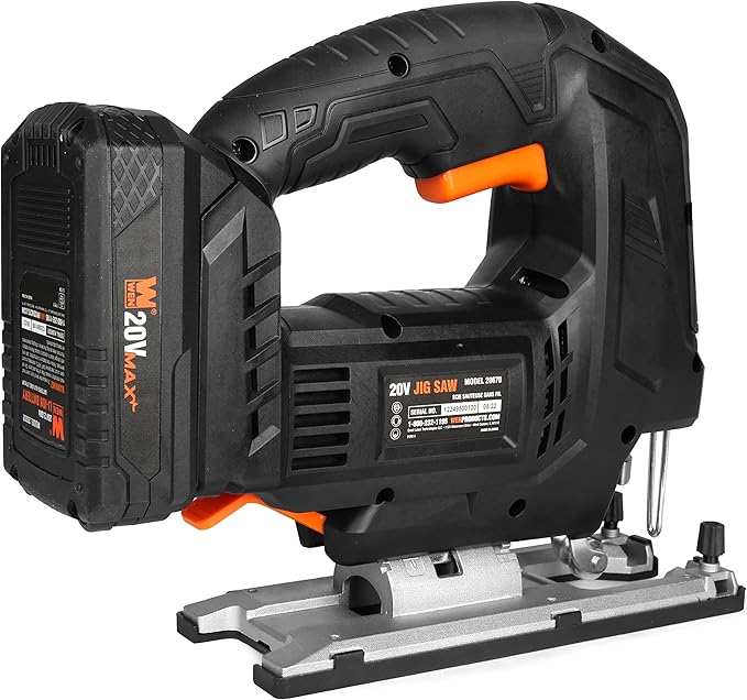 WEN Cordless Jigsaw, Brushless with Auto-Speed, 20V Max 4.0Ah Lithium Ion Battery, and Charger (20670)
