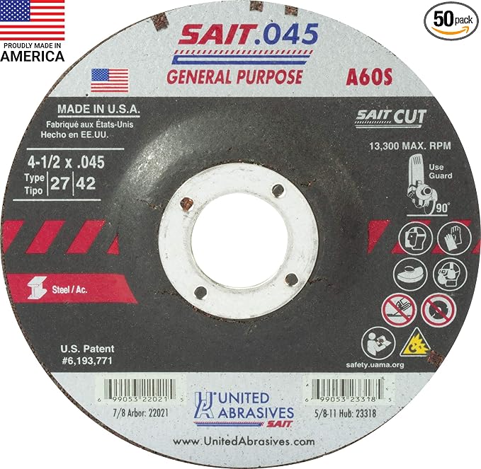 United Abrasives-SAIT 22011 A60S General Purpose Cut-Off Wheels (Type 27/Type 42 Depressed Center) 4" x .045" x 5/8", 50-Pack