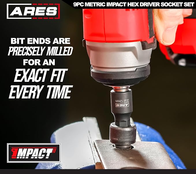 ARES 70497 9-Pc Metric Impact Hex Socket Set, Chrome Moly, Rail | Manganese phosphate coating; low profile and designed for impact use.