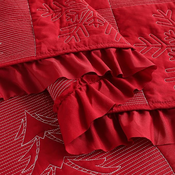Cmfshape Christmas Embroidery Quilt Set,3 Pieces Queen Size Xmas Tree Reindeer Pattern Bedding Set,Reversible Christmas Bedspread Coverlet,Holiday Bedding(Red,92"x96")