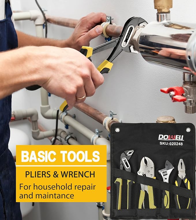 DOWELL 4-Piece Pliers Set - 8 & 10-Inch Combination, Locking & Groove Joint Pliers, Adjustable Wrench, Tool Pouch