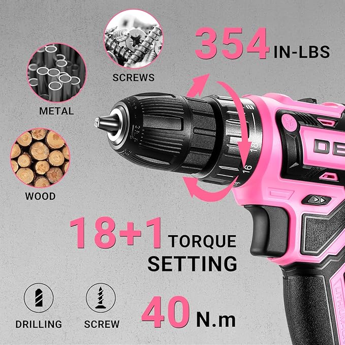 Power Drill Cordless: DEKOPRO 20V Electric Drills with 3/8-Inch Keyless Chuck, Variable Speed, Power Cordless Drill Set Tool with 2 Batteries, Charger&30 Accessories(Pink)
