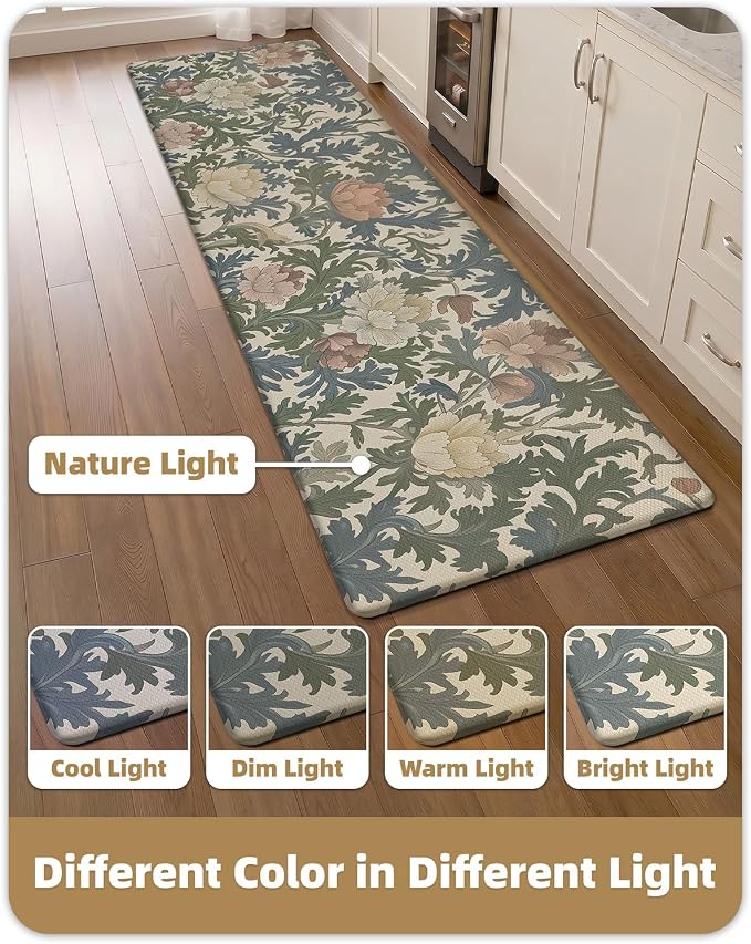 Color&Geometry Floral Kitchen Mat 24"x87", Anti Fatigue Kitchen Mats for Floor, Kitchen Rugs Non Slip, Waterproof & Oil Proof Padded Runner for Standing Desk Office, Sink -Beige