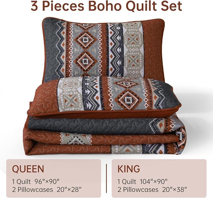 WONGS BEDDING 3 Pieces Quilt Set King Size, Burnt Orange Quilt Bedspread Lightweight Bohemian Coverlet Set with 2 Pillowcase, Soft Geometry Printed Bedding Set King for All Season 104"×90"