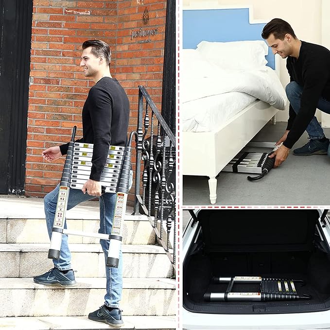RIKADE Telescopic Ladder, 6.5 ft Aluminum Telescoping Ladder with Non-Slip Feet and Stable Hook, Portable Extension Ladder for Household and Outdoor Working, Max Load 330 lb, Aluminum