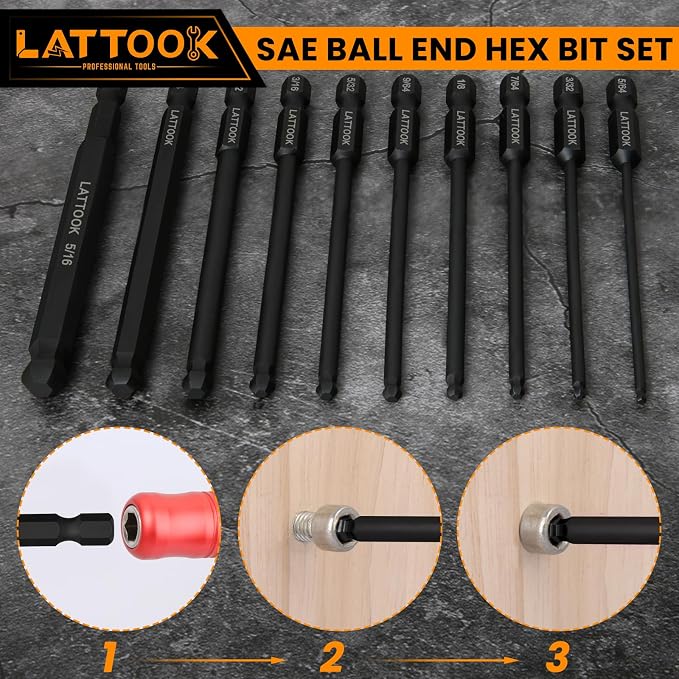 SAE Ball End Hex Head Allen Wrench Drill Bit Set | LATTOOK 10PCS Ball End Hex Bit Set Allen Hex Key, 4'' Long, Magnetic S2 Steel