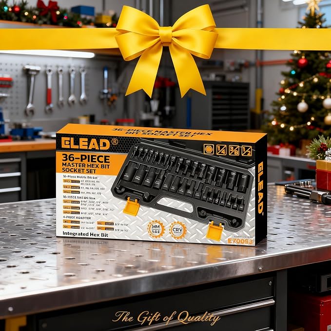 36-Piece Impact Hex Bit Socket Set Includes Socket Adapter, 1/4", 3/8", 1/2", SAE and Metric, H2-H19 & 3/4"-5/64", Cr-V Steel, Reinforced Storage Case, Automotive Mechanic Professional Tool Set