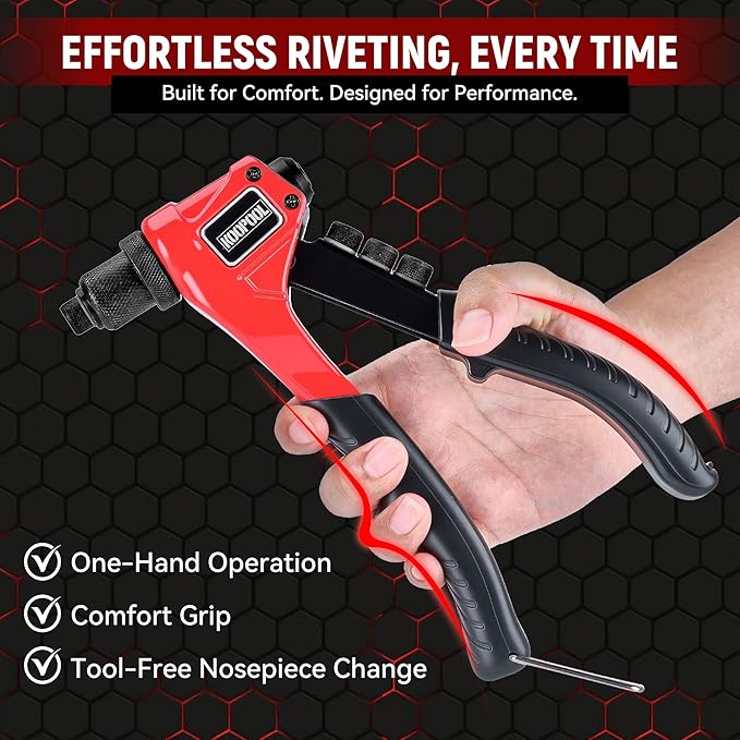 KOOPOOL Rivet Gun Kit, Adjustable Stroke Design Manual Pop Rivet Tool with 200 Rivets and 4 Drill Bits, 4 Tool-Free Rivet Heads, Heavy-Duty Hand Riveter with Sturdy Case for Metal, Plastic, Leather