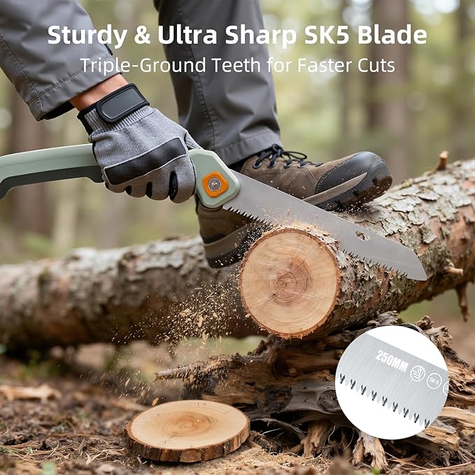 PrunePro Folding Hand Saw 9.5 Inch SK5 Blade for Tree Trimming Gardening Camping | 3 Adjustable Cutting Angles | Sharp Triple-Cut Blade | Ergonomic Non-Slip Grip | Foldable Pruning Wood Cutting Saw