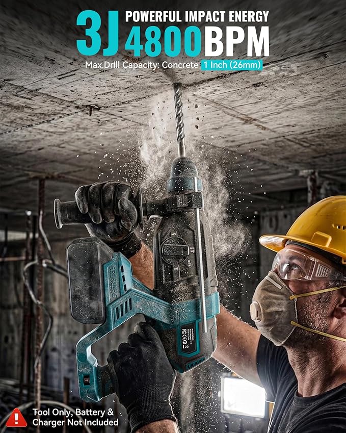 MtiolHig 1" SDS-Plus Cordless Rotary Hammer Drill Compatible with M-akita 18V Battery, 3J Impact Energy Brushless Motor, 7-Speed Variable 4-Mode with 5 Chisel/Bit Set for Concrete/Masonry, Tool Only