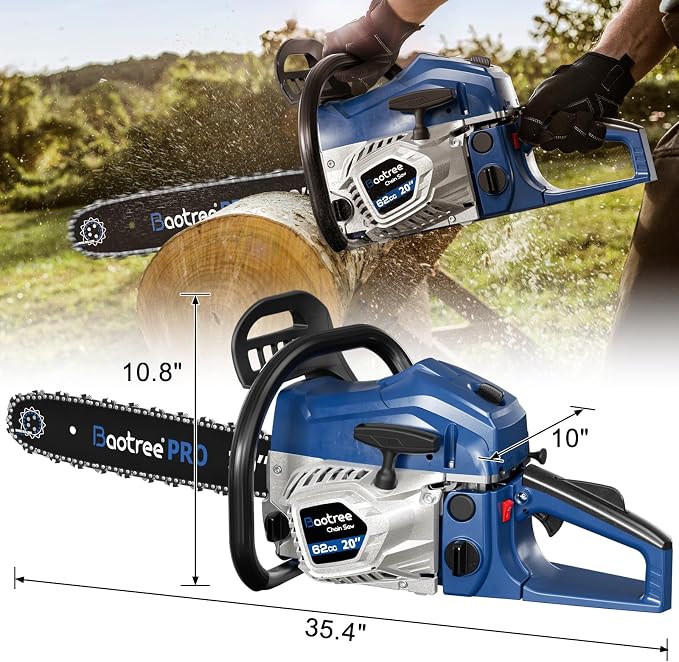 62cc 2-Cycle 20 Inch Gas Chainsaw for Tree Cutting, Firewood, Logging | Anti-Vibration System, Quick Start Technology