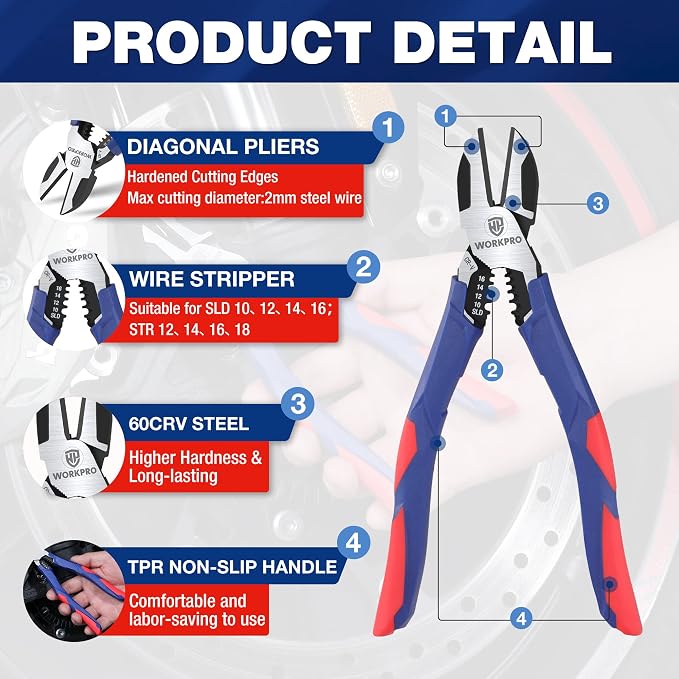 WORKPRO Pliers Set, Premium Cr-V Construction & WORKPRO 7.5 Inch Diagonal Cutting Pliers with Wire Stripper