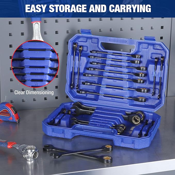 WORKPRO 22-Piece Ratcheting Wrench Set, Anti-slip Teeth, Ratchet Combination Wrench Sets with Organizer Box, Metric 6-18mm & SAE 1/4-3/4", Black Electrophoretic Coating