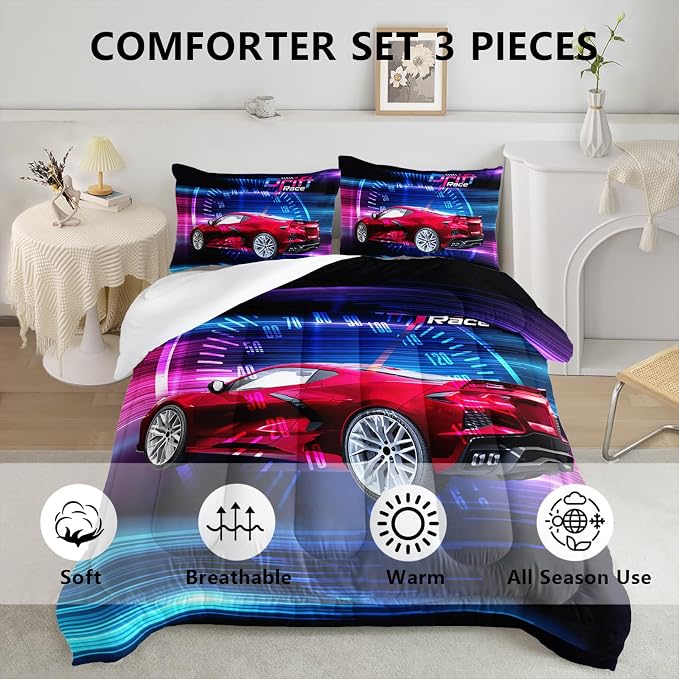 Axolotl Race Car Bedding Set - Full Size Boys Extreme Sports Comforter Set with 2 Pillowcase Car Racing Gifts