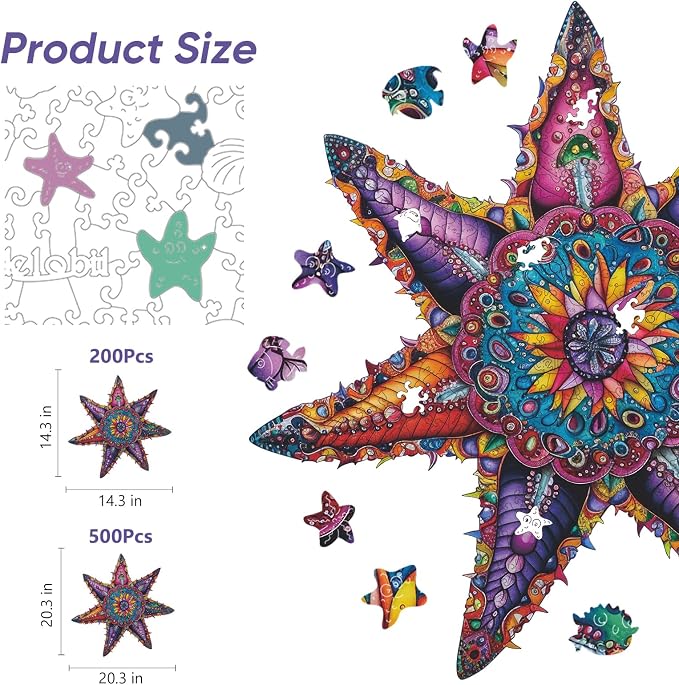 Qiuenisray Wooden Puzzles for Adults, Starfish Ocean Jigsaw Puzzles | 200 Pieces, FSC Certified Unique Shape Animal Adult Puzzles, Unique Wood Puzzle, Best Gift for Family Game 14.3x14.3 in