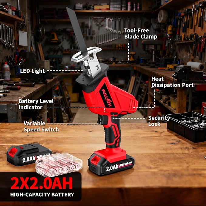 FULLYEA Reciprocating Saw Cordless, 0-3500SPM Variable Speed Reciprocating Saws with 4 Saw Blades, Tool-Free Blade Change, Electric Saws for Metal Wood Plastic Cutting
