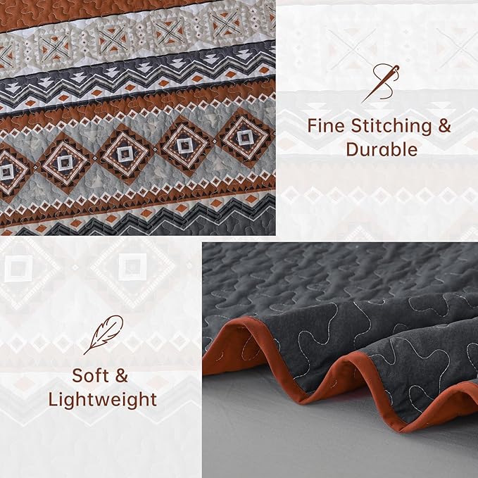 WONGS BEDDING 3 Pieces Quilt Set King Size, Burnt Orange Quilt Bedspread Lightweight Bohemian Coverlet Set with 2 Pillowcase, Soft Geometry Printed Bedding Set King for All Season 104"×90"