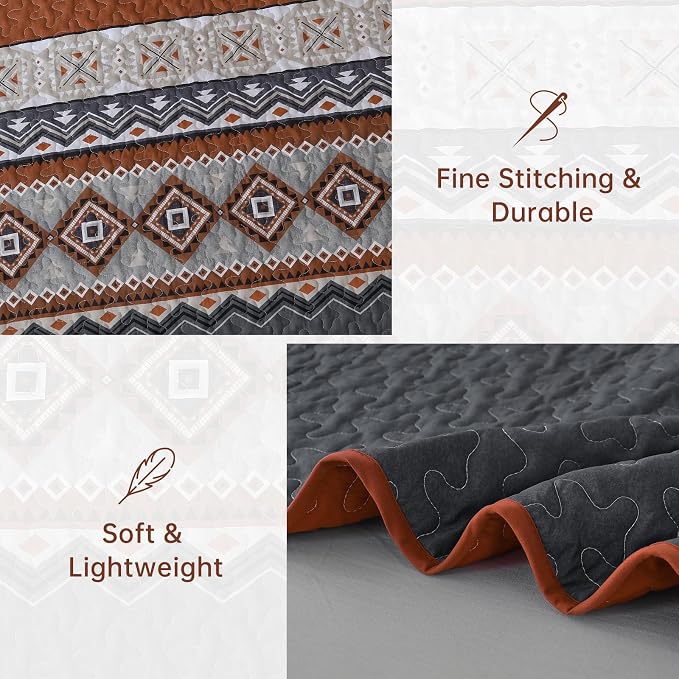 WONGS BEDDING 3 Pieces Quilt Set Queen Size, Burnt Orange Quilt Bedspread Lightweight Bohemian Coverlet Set with 2 Pillowcase, Soft Geometry Printed Bedding Set Queen for All Season 96"×90"