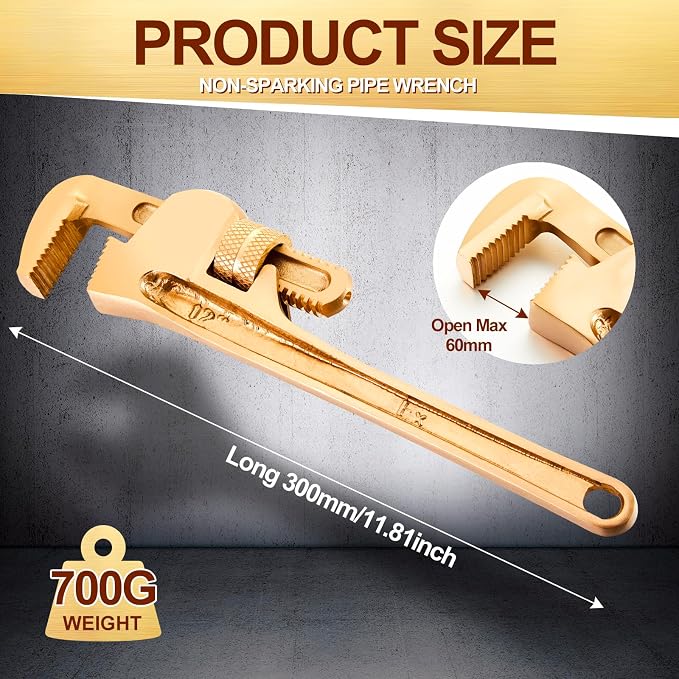 Hicarer 12'' Non-Sparking Pipe Wrench | Opening Max 60mm, Aluminum Bronze Spark-free Adjustable Pipe Spanner Straight Plumbing Wrench, Corrosion Resistant