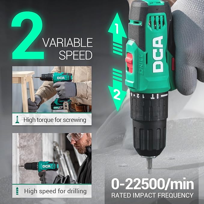 DCA 20V Cordless Hammer Drill Set, 354 In-lb Torque, 1/2" Keyless Chuck, 22500 IPM, 2 Variable Speeds, 18+1+1 Position, 14 Drill/Driver Bits for Brick, Metal, Wood ADJZ2035i13 (Renewed)