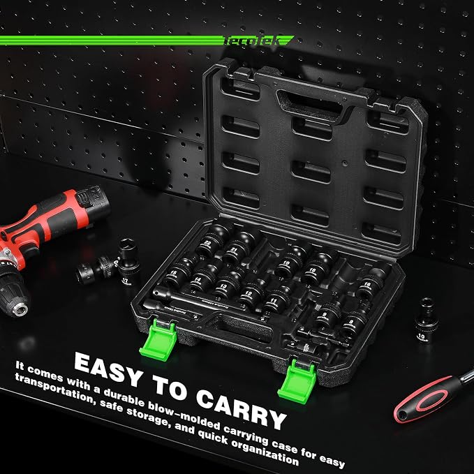 TecoTek 19 PCS 3/8" Drive Shallow Universal Impact Socket Set, Swivel Socket Set, 8-22mm, Metric Socket Set with Flexible Wobble, Cr-Mo Steel, Includes Extension Bars and Adapter