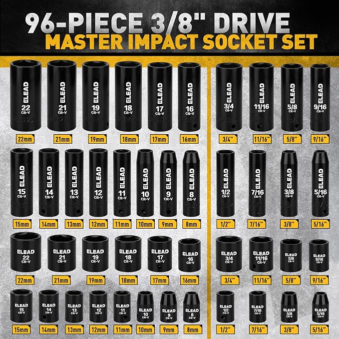 ELEAD 96-Piece 3/8" Drive Impact Socket Set, SAE(5/16 to 3/4-Inch) & Metric(8-22mm), Standard & Deep Sockets, Ratchet Handle, Bit Set, Universal Joint, Extension Bar, Adapters, Spark Plug Sockets