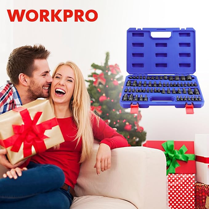 WORKPRO 60-piece Master Torx Bit Set,CR-V Torx Sockets & E Socket Set | 1/4", 3/8", 1/2" Drive Bits, E4-E24 e Socket Set, T6-T70 TT6-TT70, TP8-TP60 Torx Socket Set, S2 Steel Bits, CR-V Sockets