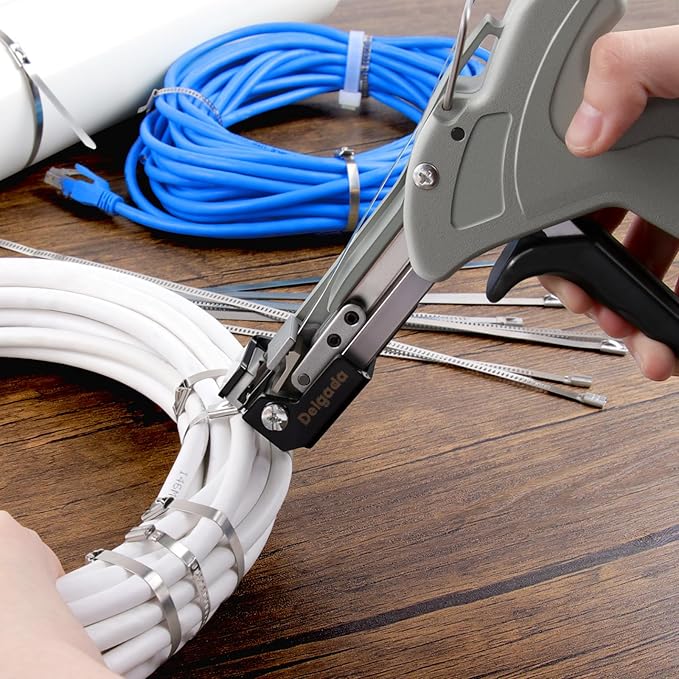 Delgada Stainless Steel Cable Tie Gun Kit with 100PCS Self-Locking Metal Zip Ties Outdoor Heavy Duty Fastening Zip Tie Tightening Tool for Chain Link Fence Pipes