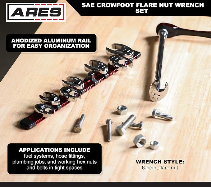 ARES 33011 8-Piece SAE Flare Nut Crowfoot Wrench Set | 3/8-Inch Drive Flare Nut Crowfoot Wrenches from 3/8-Inch to 7/8-Inch; Includes Storage Rail