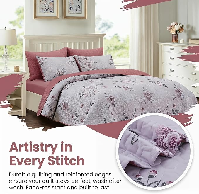 Boho Floral Quilt Set Queen Size, Lightweight Microfiber Bedspread Coverlet, Soft All Season Bedding with 2 Pillow Shams, Vintage Botanical Purple Flowers Pattern (Purple Flowers, Queen) | Breathable