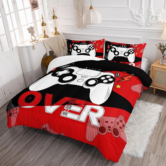 Axolotl Gamer Comforter Set Full, 3Pcs Gaming Gamepad Bedding for Men, Games Console Bedding for Adults Room, Video Game Controller Room Decor Gaming Bed Set 1 Comforter with 2 Pillowcases, Black Red