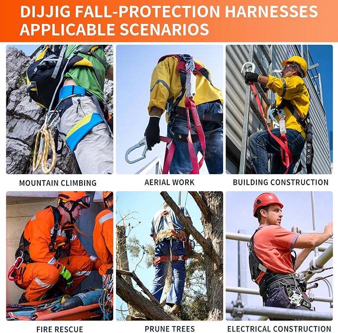 DIJJIG Safety Harness Fall Protection Kit with Shock Absorbing Lanyard | Safety Straps Upgrade Quick Buckles, Roofing Harness Construction Harness Para Construccion ANSI Compliant Orange