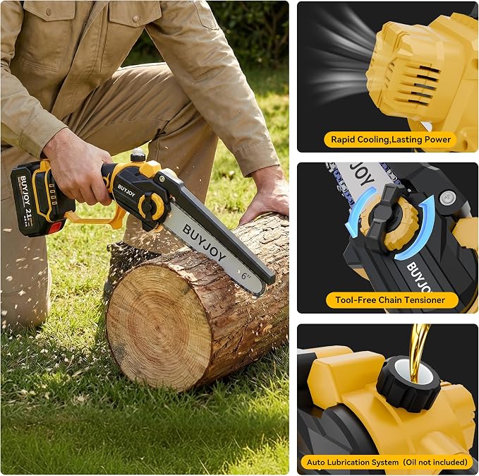 BUYJOY 2-in-1 Mini Chainsaw & Electric Pruning Shears, 1.8" Cutting Capacity, 6 Inch Cordless Chainsaw with 2 x 4.0Ah Batteries, Battery Powered Branch Cutter for Tree Trimming and Garden Pruning