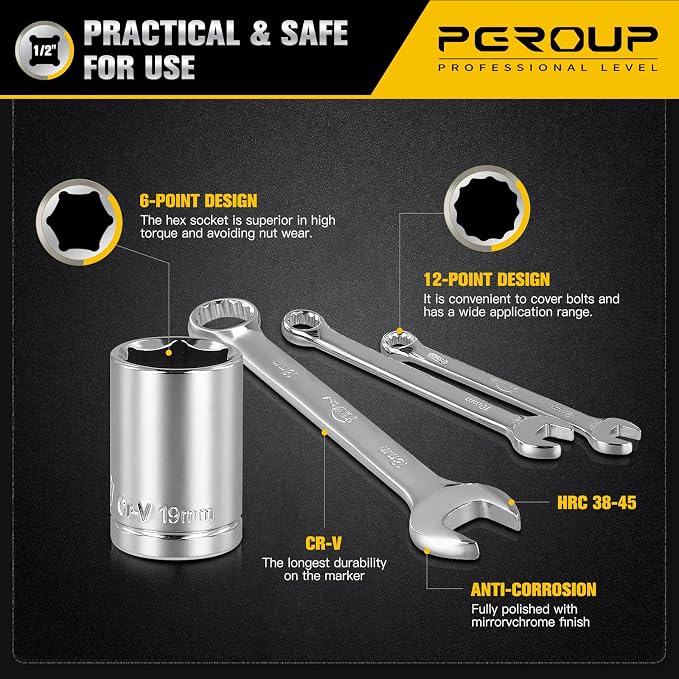 1/2 Inch Drive Metric Socket Set 8-32mm & Combination Wrench Set 8-19mm, 37pcs Mechanic Tool Set for Auto and Bike Repair