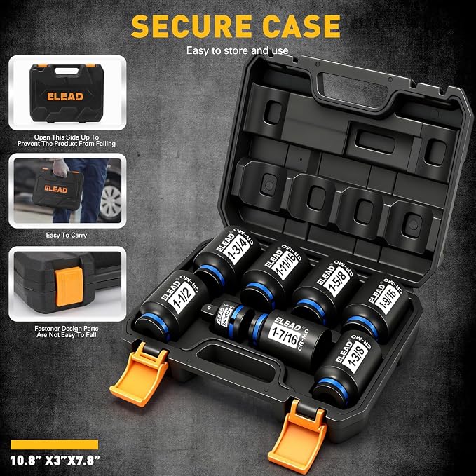 1/2'' Drive Deep Impact Socket Set, 8-Piece SAE Wheel Axle Nut Wrench Large Sockets Standard Adapter 1-11/16 1-9/16 1-3/8 1-7/16 1-1/2 1-5/8 1-3/4 Imperial Spindle Joint Torque Bearing Locknut Truck