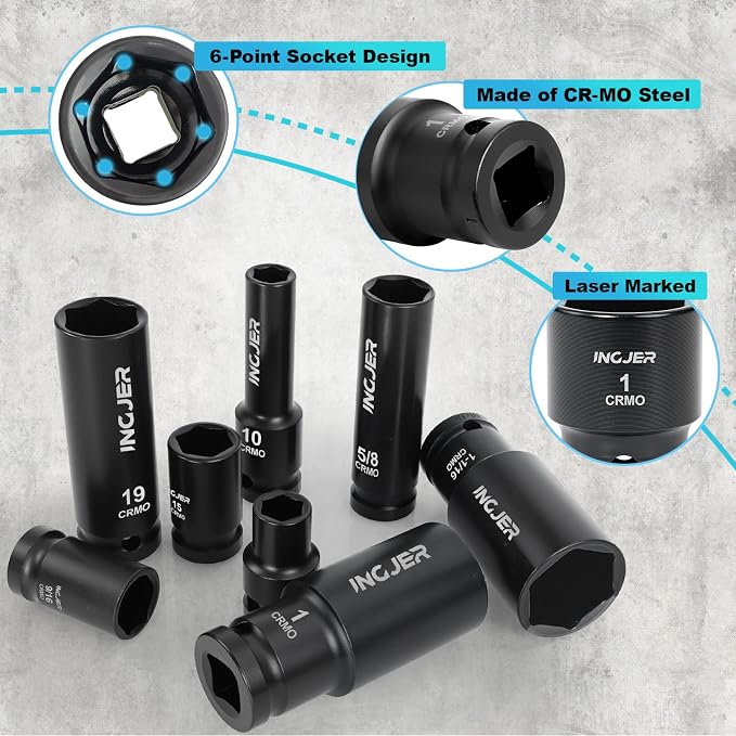 1/2" Impact Socket Set,70PCS SAE/Metric, 1-1/4"/10-24mm, CR-MO Alloy Steel | 6 Point Cr-MO Alloy Steel for Auto Repair, Easy-to-Read Size Markings, Rugged Construction, Storage Case