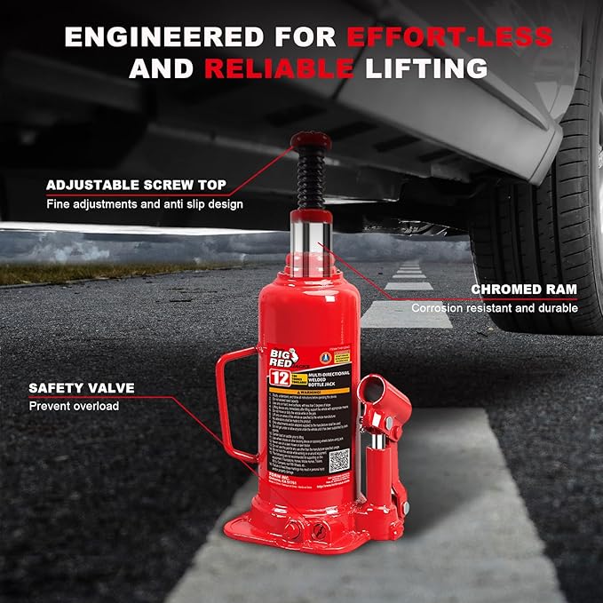 Big RED Welded Car Bottle Jack with Vertical and Horizontal Usage: Capacity 12 Ton (24,000 LBs), Red