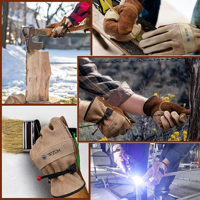 WZQH Leather Work Gloves for Men or Women. Medium Glove for Gardening, Tig/Mig Welding, Construction, Chainsaw, Farm, Ranch, etc. Cowhide, Cotton Lined, Utility, Firm Grip, Durable. Coffee-grey M