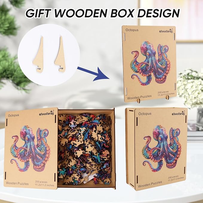 Qiuenisray Wooden Puzzles for Adults, Octopus Ocean Jigsaw Puzzle 200 Piece | Cool Wood Puzzle Wall Decor, FSC Certified Unique Animal Adult Puzzles Piece, Creative Gift for Family Game 11.2
