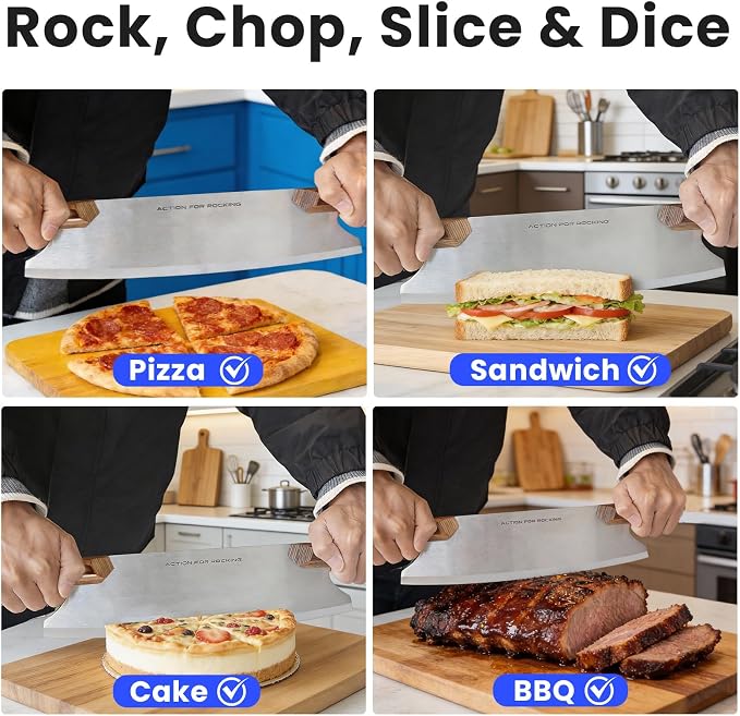 13” Sharp Pizza Cutter Rocker, 420J1 Japanese Stainless Steel Blade Slicer, Double Pakkawood Handle Pizza Knife Rocker with Protective Cover, Easy to Clean