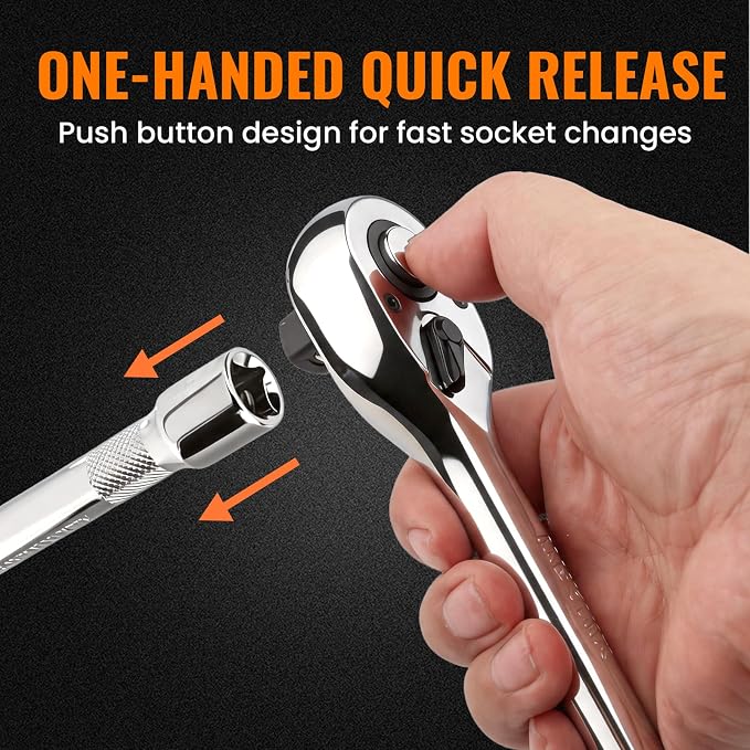 3/8“ 1/4“ 1/2“ Drive 90-Tooth Ratchet Wrench Set with Extension Bar | Socket Wrench, Reversible Design, Quick-Release, Cr-Mo Head, Cr-V Made, 4° Swing Arc, Full Polished