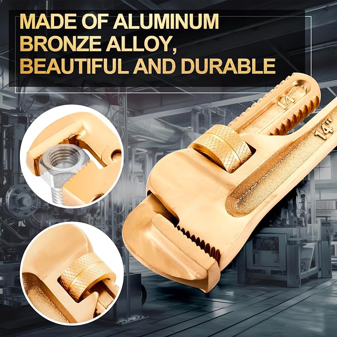 Hicarer 14'' Non-Sparking Pipe Wrench | Opening Max 65mm, Aluminum Bronze Spark-free Adjustable Pipe Spanner Straight Plumbing Wrench, Corrosion Resistant
