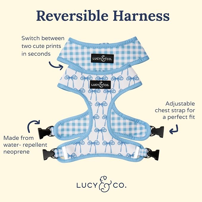 Lucy & Co. Cute Reversible Dog Harness Walking Halter - Best Designer Pet Harnesses for XS - XL Dogs - Padded Adjustable Vest for Easy Walking - X Large - White with Blue Bows