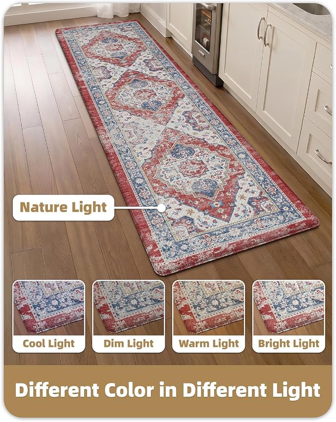 Color&Geometry Kitchen Floor Mats Anti Fatigue, Cushioned Boho Rugs,Waterproof Non Slip Kitchen Runner for Sink, Standing Mats for Office,24"x87",Red
