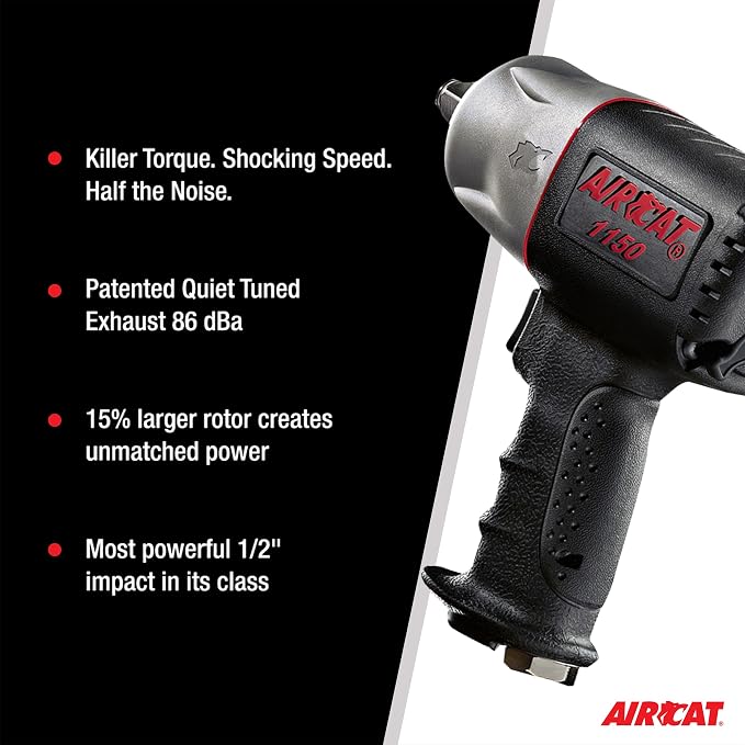 AIRCAT 1150 1/2" Composite Impact Wrench, 900 ft-lb Max Torque | Powerful Automotive Impact Wrench, Twin Hammer Mechanism, Quiet Operation, 295 ft-lb Loosening Torque, 89 dBA, Ergonomic Grip