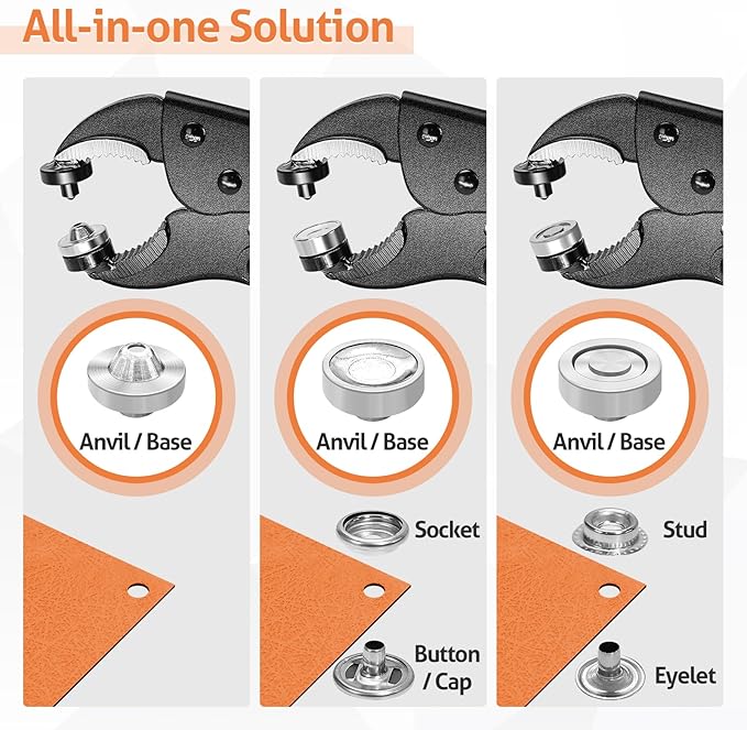Heavy Duty Snap Fastener Tool, Snap Tool with 3 Dies, 40 Set 15mm Stainless Snaps and 2Pcs Rubber Ring, for Boat Cover, Canvas, Tarps, Leather Snaps Installation and Repairing