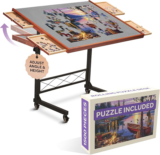 JoyBerri Puzzle Station – 1500 Piece Jigsaw Puzzle Table with Drawers & Adjustable Legs, Portable & Height Adjustable for All Ages, Includes Station Cover & Bonus 1000 Piece Puzzle