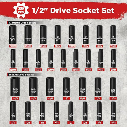 1/2” Drive Impact Deep Socket Set, 39 Pieces Metric(8-24mm)/SAE(5/16 to 1-1/4), CR-V Steel Tool Set with 3”, 5”, 10” Extension Bar, Adapters