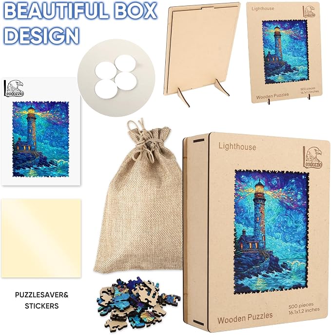 Leodozzio Lighthouse Wooden Jigsaw Puzzles 500 Pieces, Stained Glass Puzzle, 5MM Thick Unique Shaped Ocean Wooden Puzzle for Adults, Nautical Art Gift, Family Game, 12.2x16.1 Inch