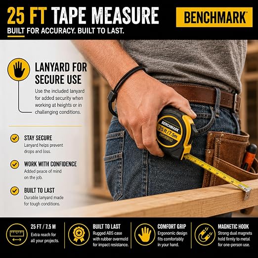 6 Pack - Tape Measures 25 ft / 7.5m – Dual Sided Blade with Easy Read Fractions to 1/8th inch Plus Centimeters on Back Side - Magnetic Tip - Thumb Lock - Belt Clip – Retractable Measuring Tape